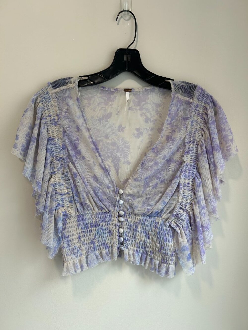 Free People Sugar Top Blue Floral Sheer Ruffle Crop Boho‎ Romantic Blouse M - Picture 2 of 9